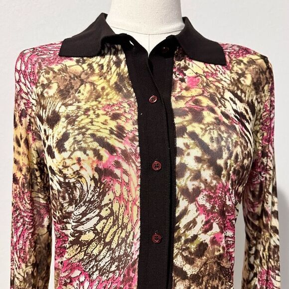Exetera Abstract Print Mesh Shirt Cardigan Sz 1/US S Retro Y2K Twee Office-Siren - Picture 5 of 11